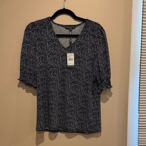 Adrianna Papell Navy and White Dotted Blouse